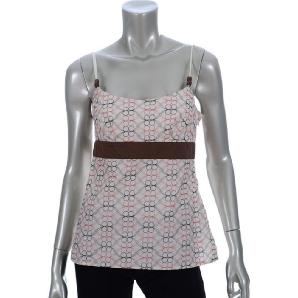 Ann Taylor Loft Sleeveless Babydoll Blouse White Brown 4